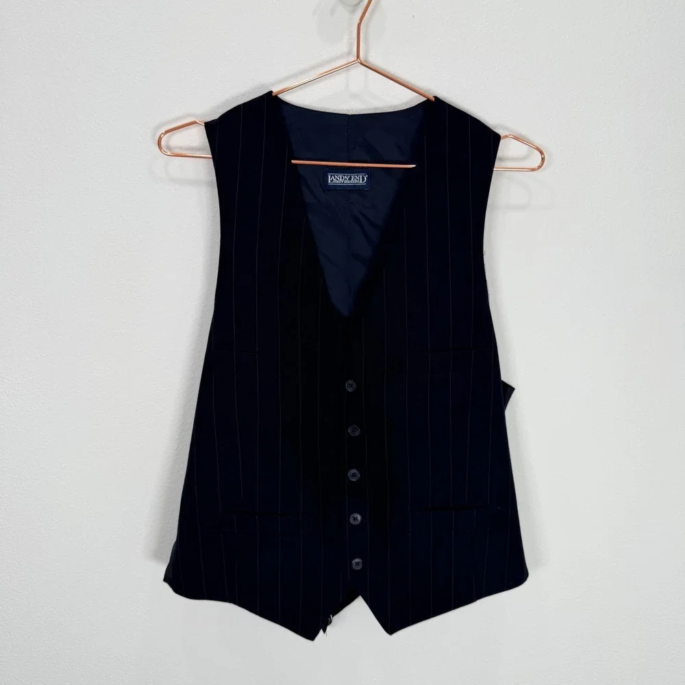 Lands End Mens 41R Wool Suit Vest Navy Blue Pinstripe Made in USA Style 37315